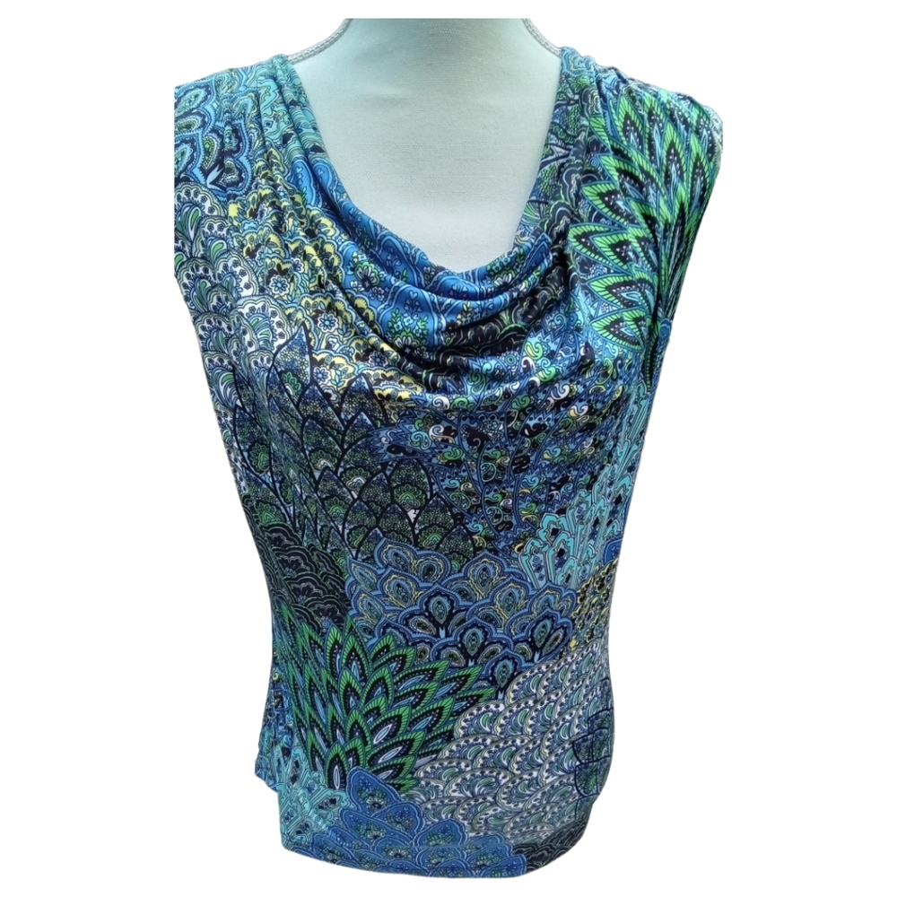 Jennie & Marlis Peacock Tails Blues Teal & Greens Sleeveless Cowlneck Top Sz S/M